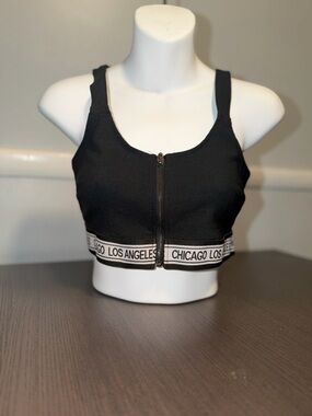 Zara Black Front-Zip Sports Bra with City Logo Band